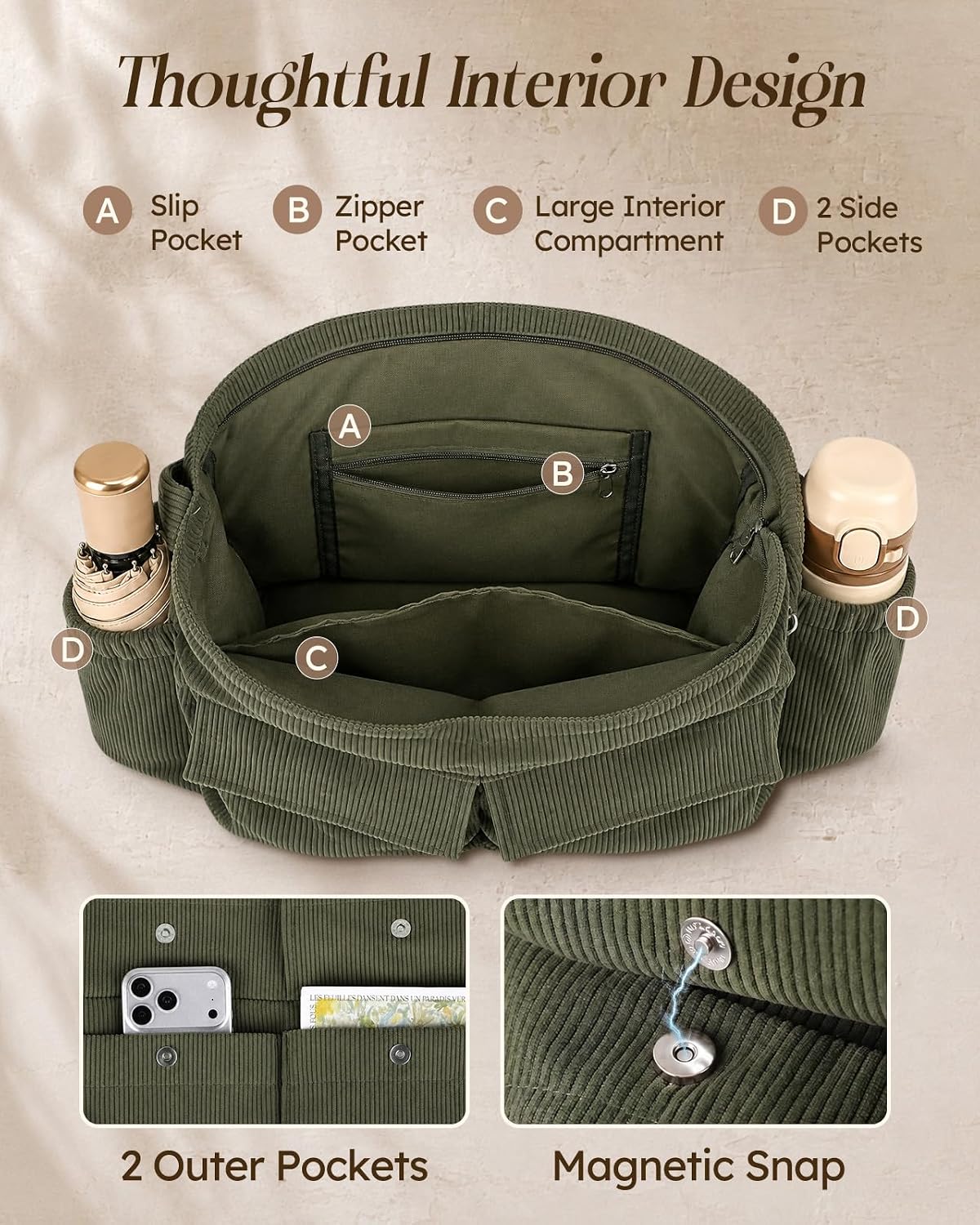 Corduroy Messenger Hobo Bag, Crossbody Tote Bag