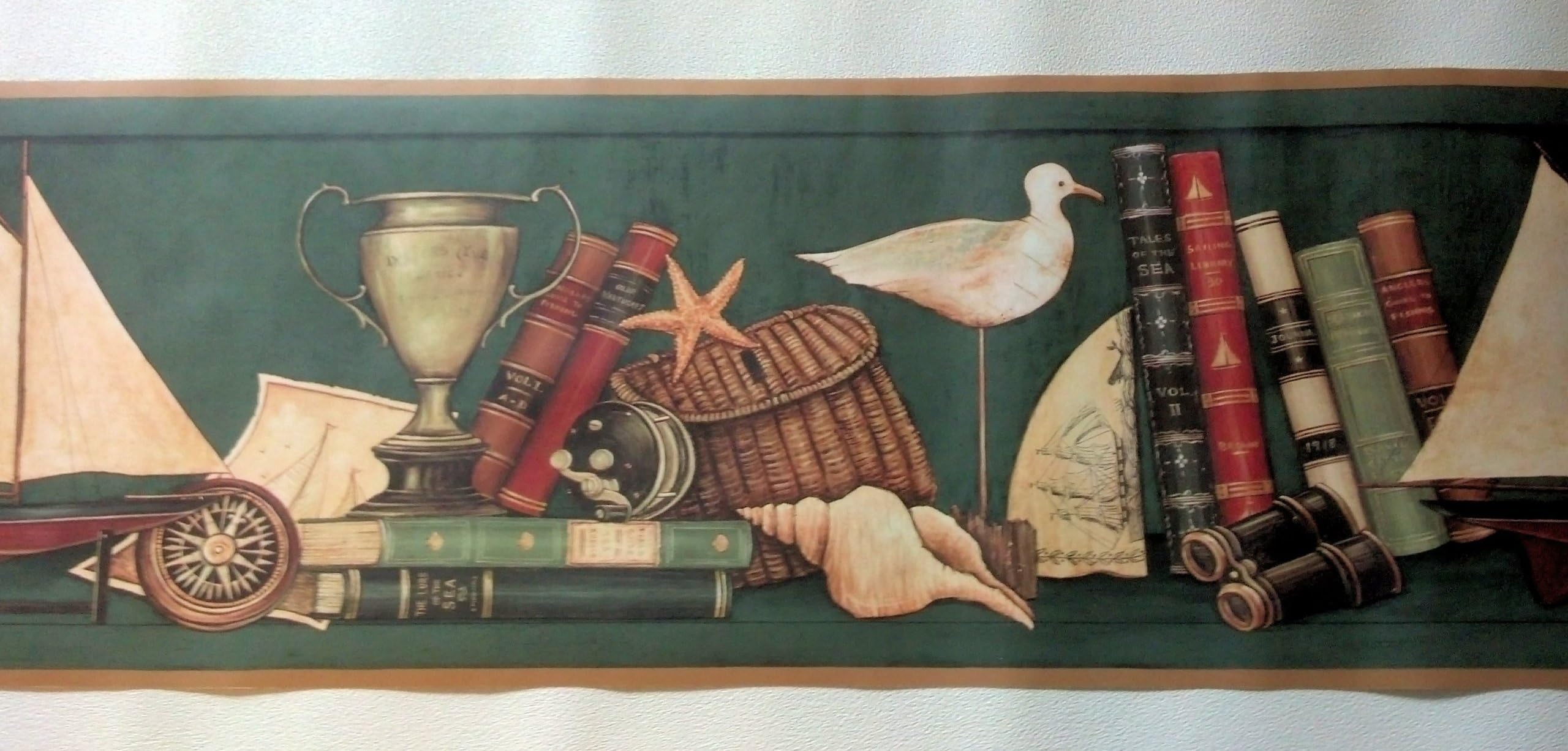 Boat Fishing Sailboat Seashore Wallpaper Border – Green…