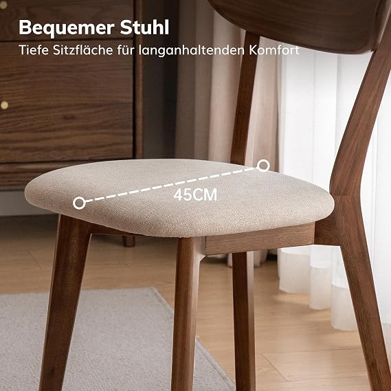 YESWOOD 1 x Dining Chair Solid Wood with Backrest Upholstered Walnut Ergonomic Backrest High Chair for Dining Room Kitchen Living Room Office Bedroom 47.5 x 55 x 78 cm