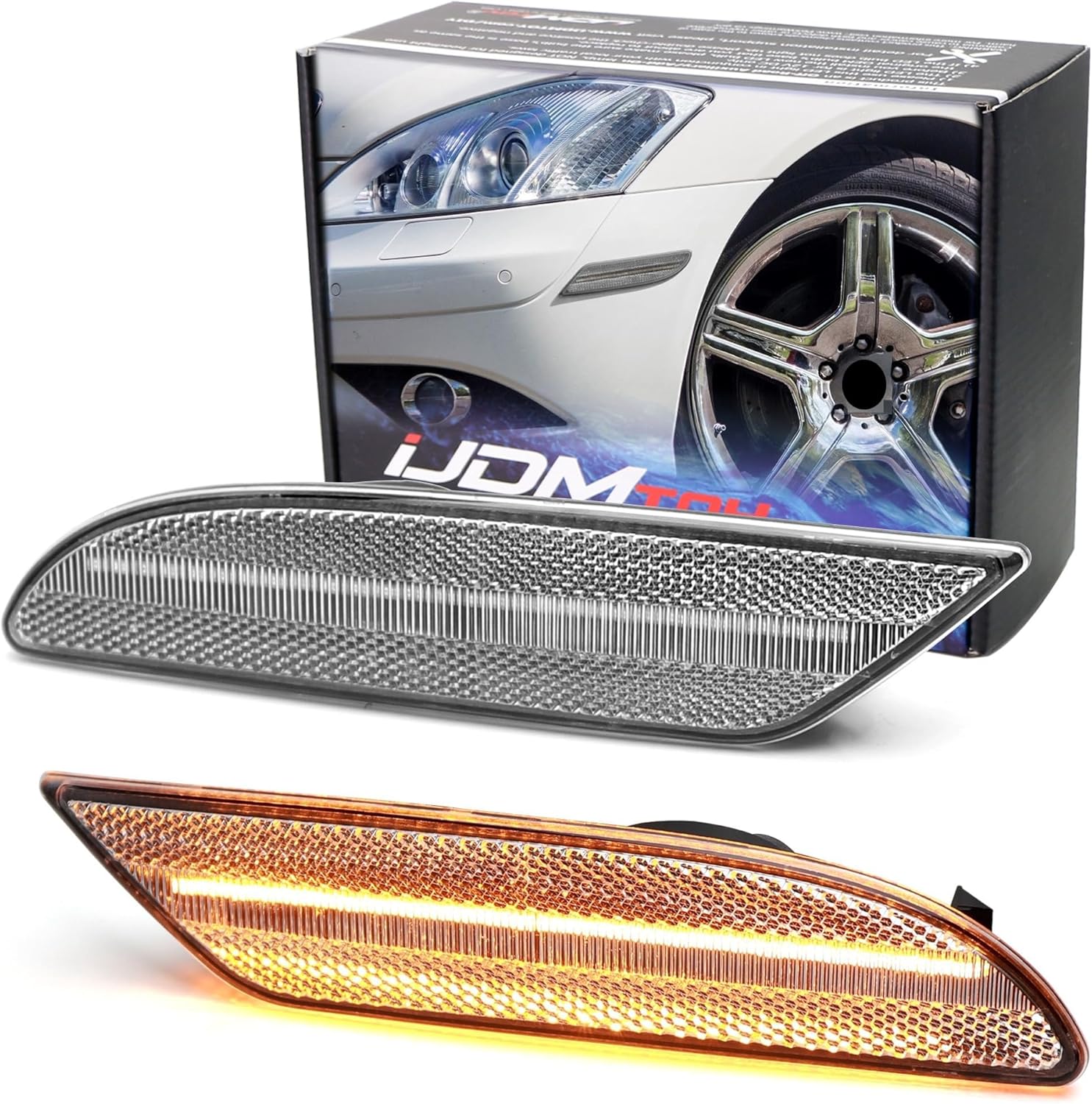 iJDMTOY Clear/White Lens Amber Full LED Strip Front Side Marker Light Assembly Compatible With 2007-2009 Mercedes W221 Pre-LC S320 S350 S400 S500 S550 S600 (Not For AMG), Replace OEM Amber Lens