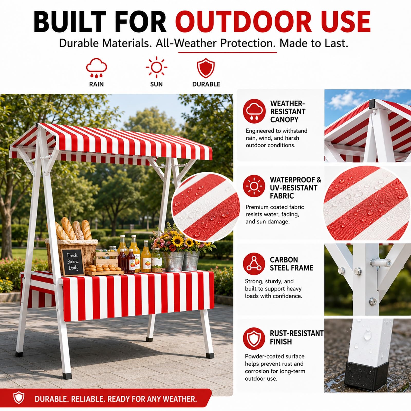 Puesto Plegable para Mercado de Agricultores, Carrito de Venta Ambulante | Toldo Resistente La Intemperie con Estructura de Acero, para Ventas al Aire Libre, Ferias de Artesanía(Orange,150cm/59in)