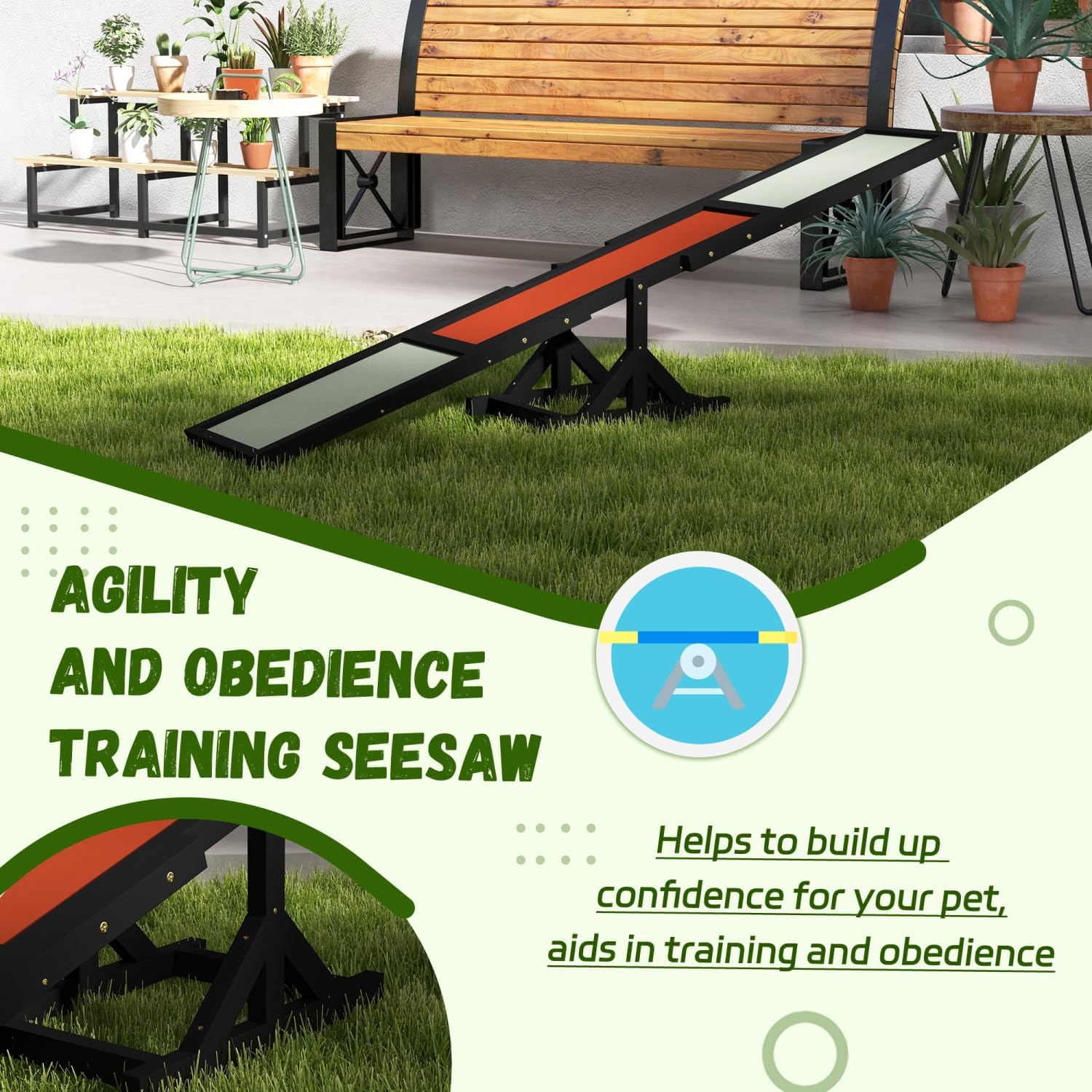 Wooden Dog Agility Seesaw for Training and Exercise, Platform Equipment Run Game Toy, Weather Resistant Pet Supplies, 71" L x 12" W x 12" H, Black