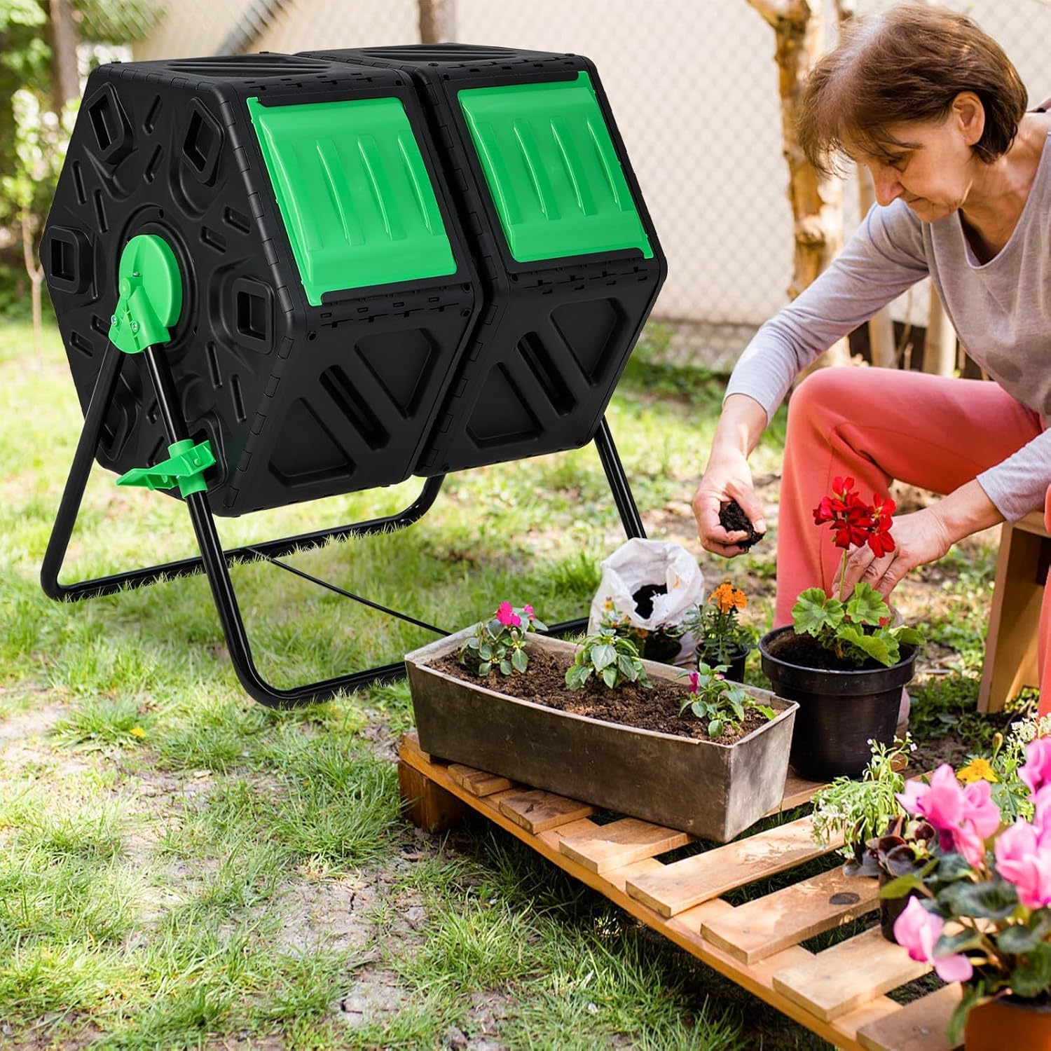 34.5 Gallon Dual Chamber Compost Tumbler Durable Outdoor Rotating Chamber Compost Bin