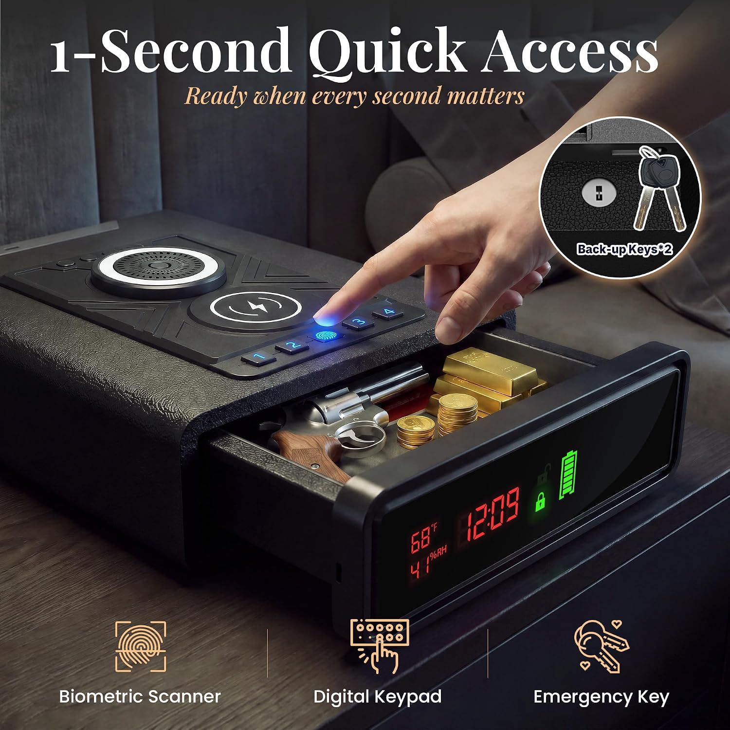 Nightstand Safe, Fingerprint Safe with Bluetooth Speaker for Bedside thumbnail