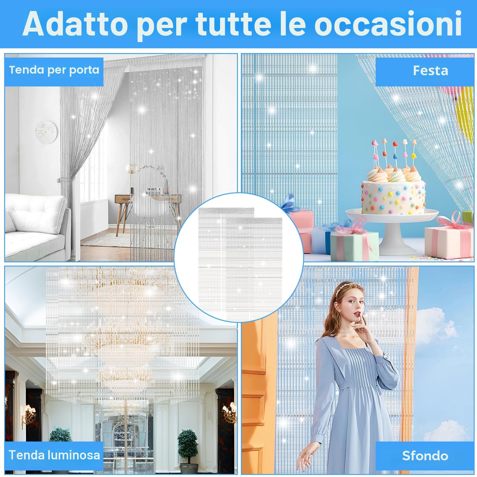 Farerkass 2 pezzi Tenda Antimosche per Porta Esterna, 95 x 200 cm Tenda a Fili, Fili Glitterata, Tende Antimosche per Soggiorno, Camera da Letto, Feste e Eventi, Matrimoni, Caffè(Bianco)