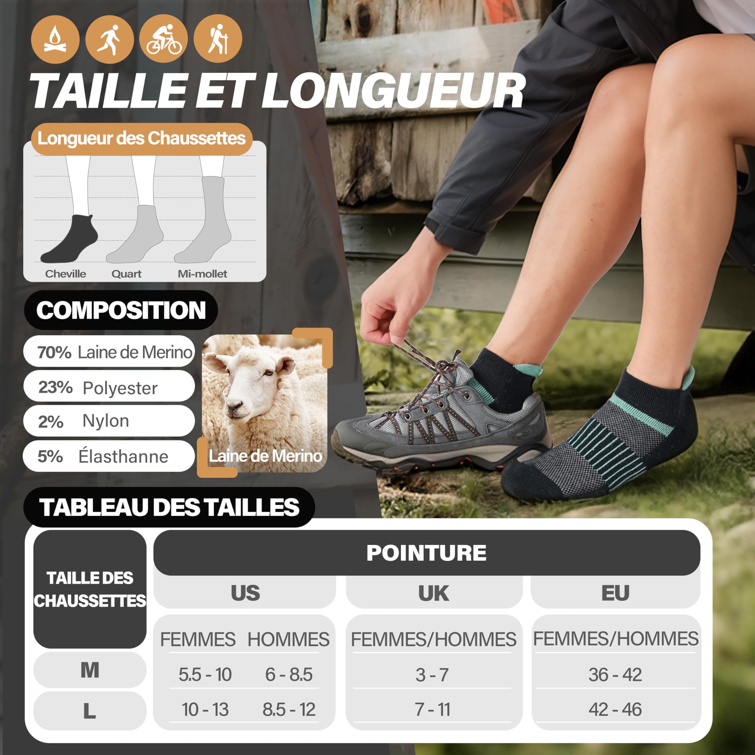 MOSEY KOSY Chaussettes de randonnée courtes en laine mérinos chaudes compressives et thermiques pour homme et femme 6 paires