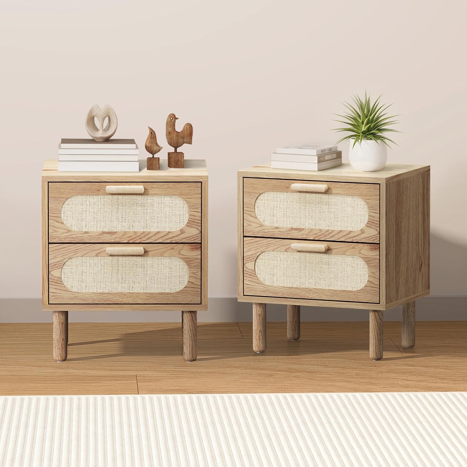 Two natural rattan-front bedside tables with two drawers each