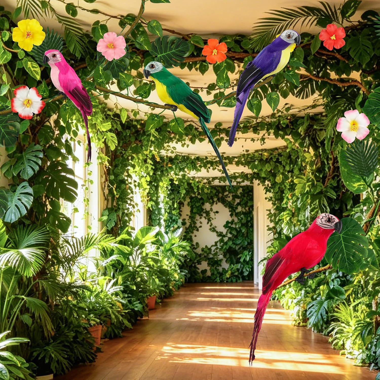 FRIENDISU 39 pcs Vbs 2026 Rainforest Falls Decoration Jungle Party Decor with Artificial Tropical Parrot Palm Leaves Fake Vines Rattan Hibiscus Flowers for Birthday Classroom Decor