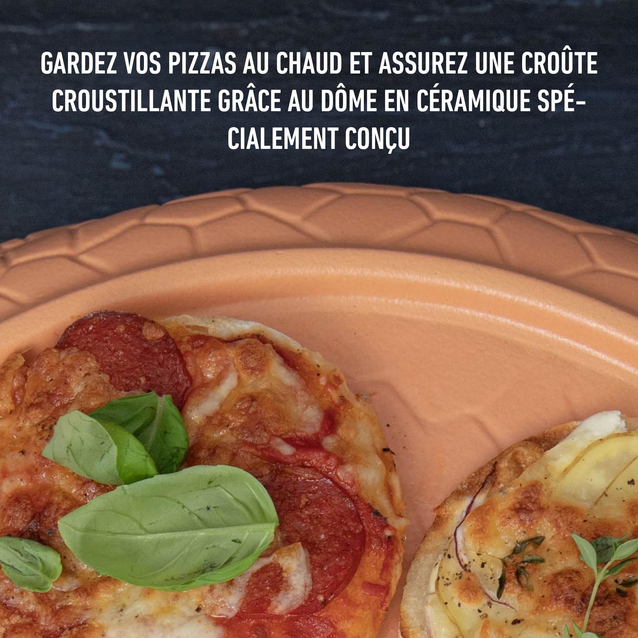 Gastronoma Four à pizza - Four à pizza avec dôme en terre cuite pour 6 personnes - Dôme à pizza - 1000 Watt - Préparation en 5-7 minutes - avec accessoires - Dôme plat