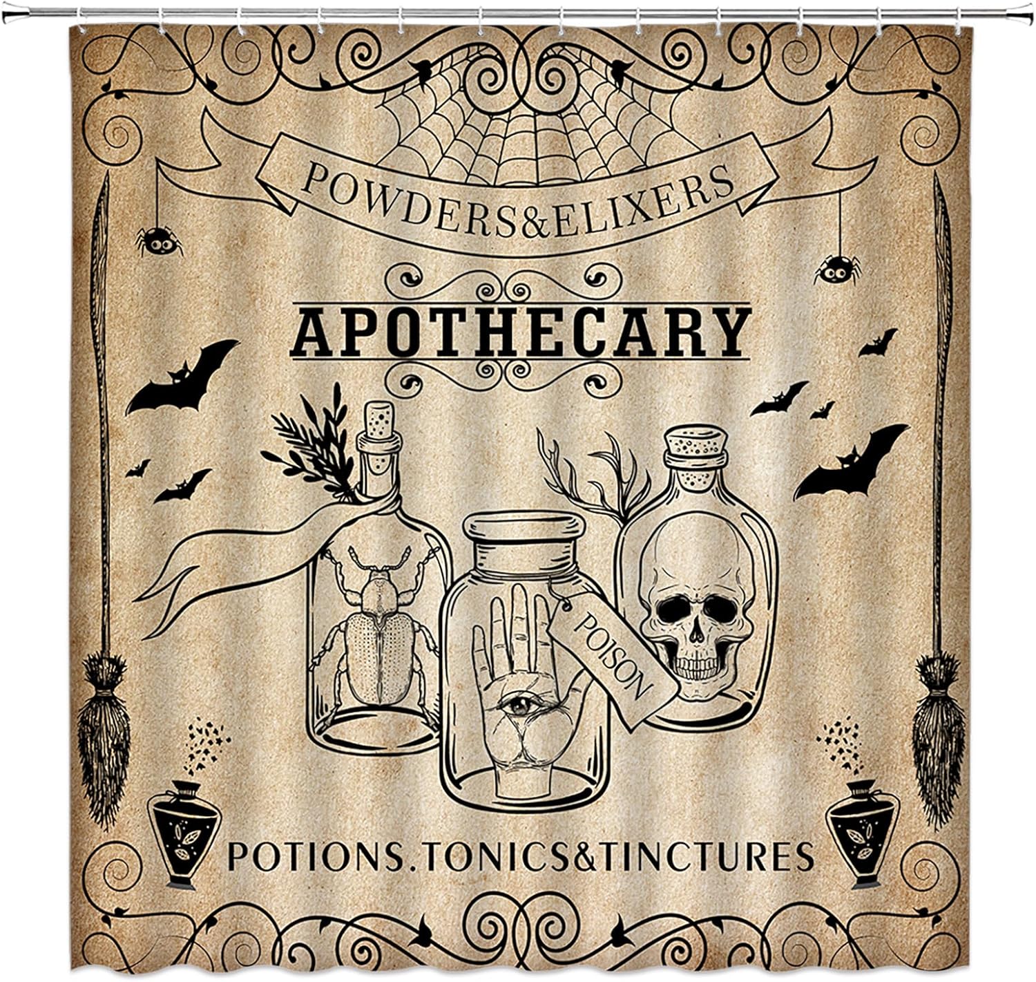 Pink Halloween Spooky Shower Curtain Alchemy Magic World Witch Pumpkin Witchcraft Horror Skull Spooky Ghosts Watercolor Boho for Girls Boys Bathroom Curtain Set with Hook