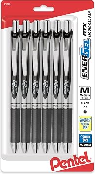 Pentel EnerGel RTX Retractable Liquid Gel Pen, 0.7mm, Medium Line, Metal Tip, Black Ink, Pack of 6 BL77BP6A