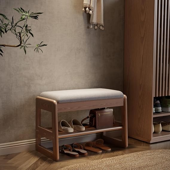 AQIMUELE Small Shoe Bench with Cushion, Shoe Bench Storage with Seat, Wooden Shoe Rack 2-Tier, Hidden Flip-Top Seat, for Hallway, Entryway, Living Room, Bedroom, 30 x 60 x 40 cm (Walnut)