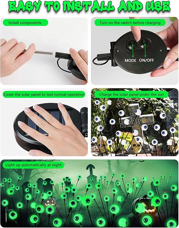 6Pack 36LED Halloween Decorations Outdoor Solar Eyeball Lights, Waterproof Swaying Firefly Lights, Solar Path Lights Halloween Lights for Halloween Party Garden Yard Pathway Grave Ghost Decor (Green)