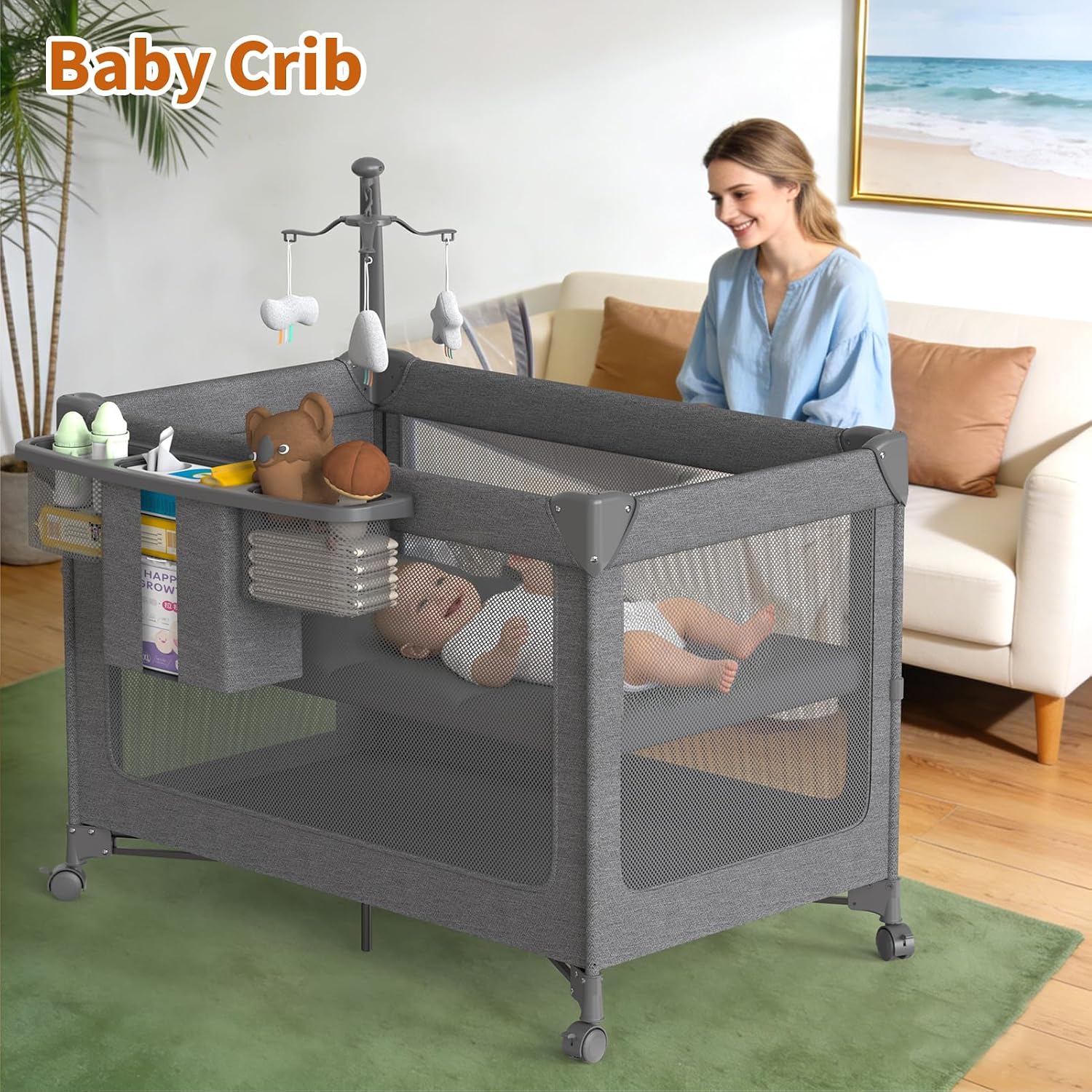4 in 1 Baby Bassinet, Pack and Play with Mattress, Baby Crib with Wheels and Mosquito Net, Bedside Bassinet Sleeper with Changing Pad, Portable Playpen Foldable Playard for Babies and Toddlers