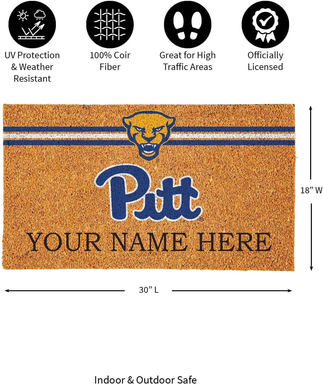 Team Sports America NCAA University of Pittsburgh College Personalized Coir Door Mat, 18 x 30 Inches Custom Name Doormat, Front Door Welcome Mats