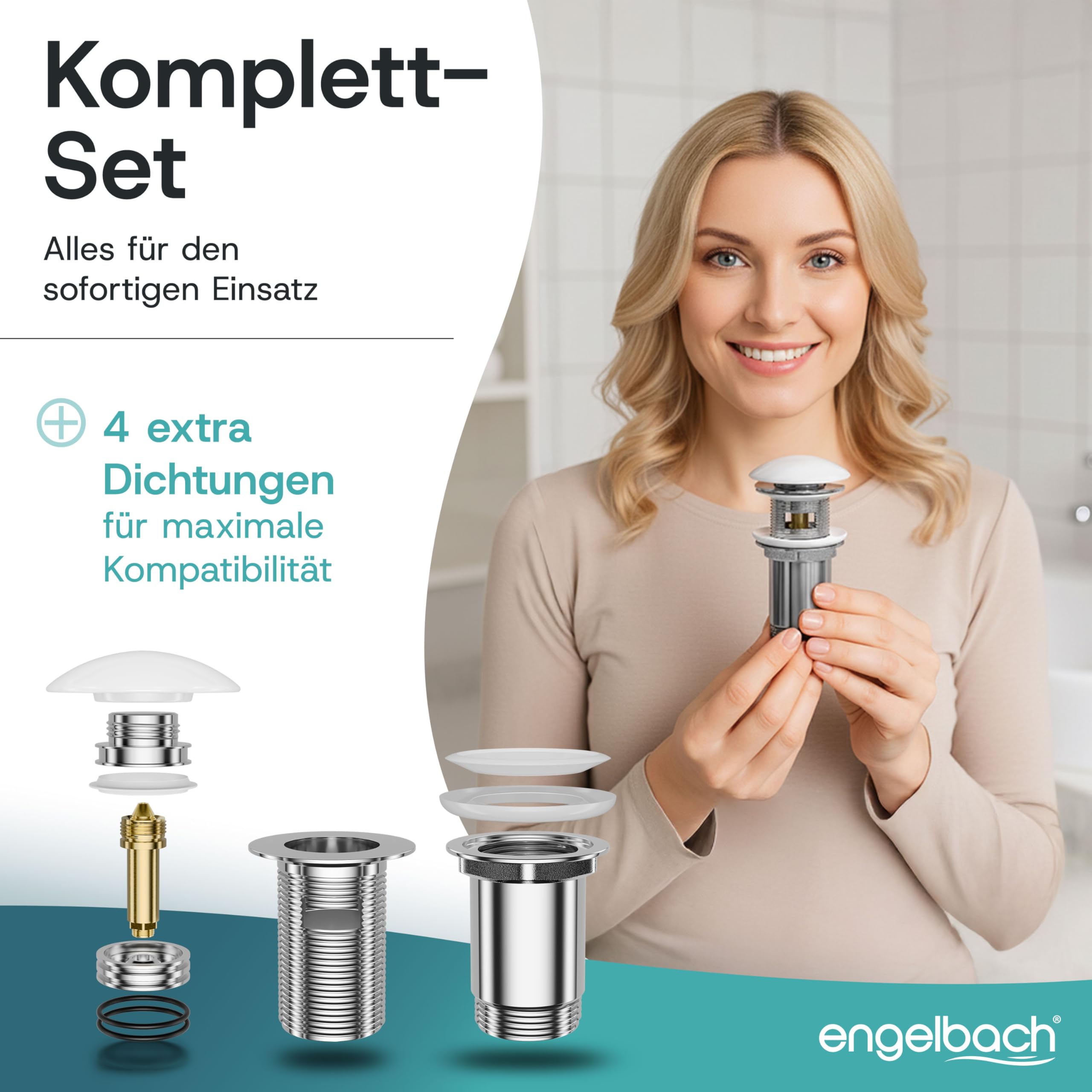 Engelbach® Uniwersalny zestaw odpływowy do umywalki – zawór pop-up (również do umywalek nablatowych) – wyjmowany korek z sitkiem na włosy – w zestawie instrukcja montażu, Ceramiczny z przelewem