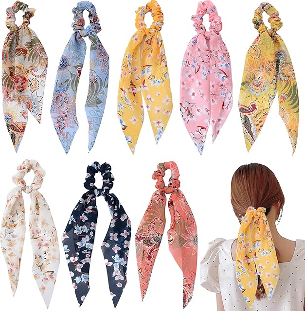 8 Pcs Elastic Hair Band, Ribbon Bow Scrunchies Ponytail Holder Floral Flower Polka Dot Scrunchy Ties For Women Girls