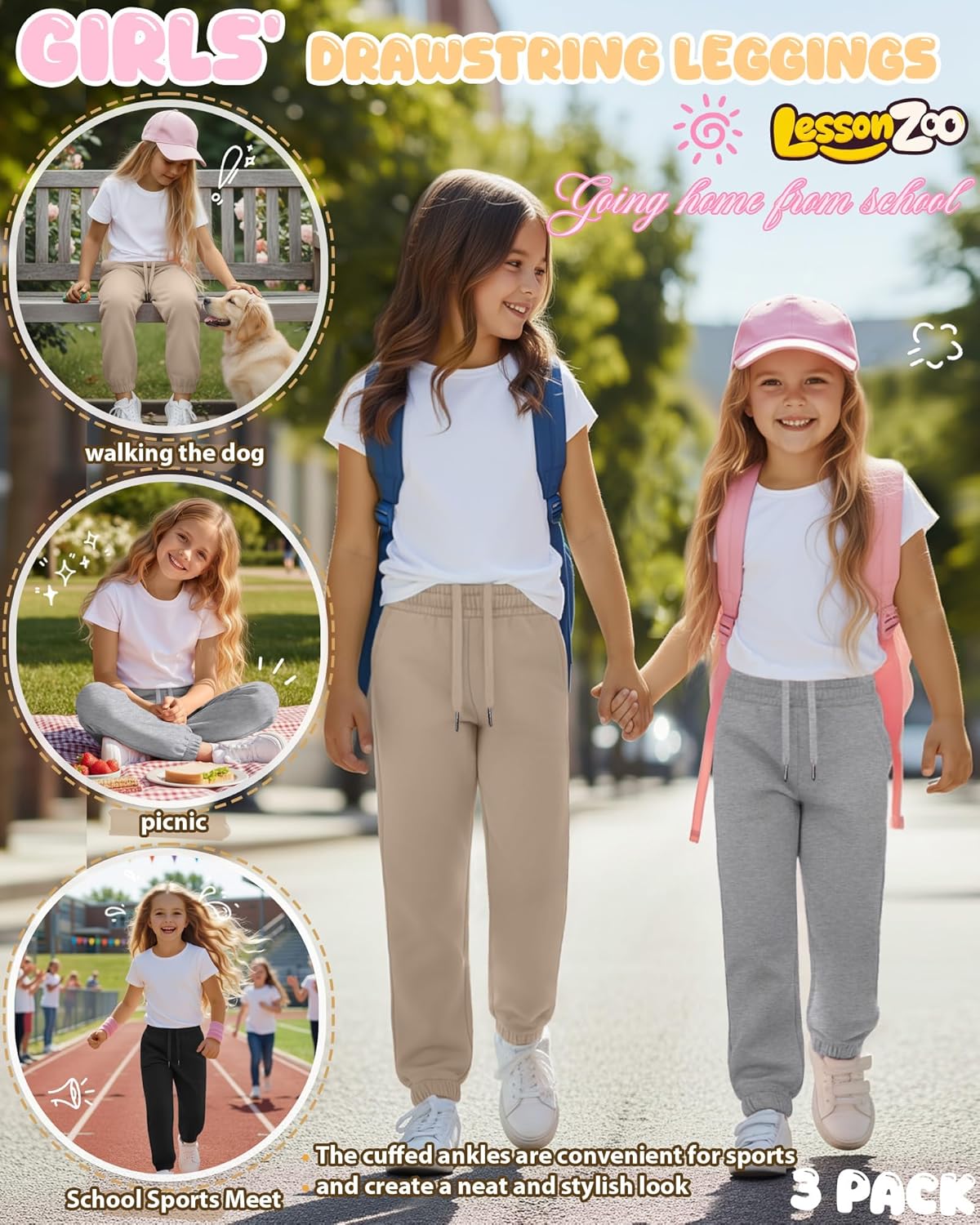 3 Pack Girls Sweatpants Joggers Elastic Drawstring Jogger Tapered Athletic Sweat Pants with Pockets for 5-14Y Kids