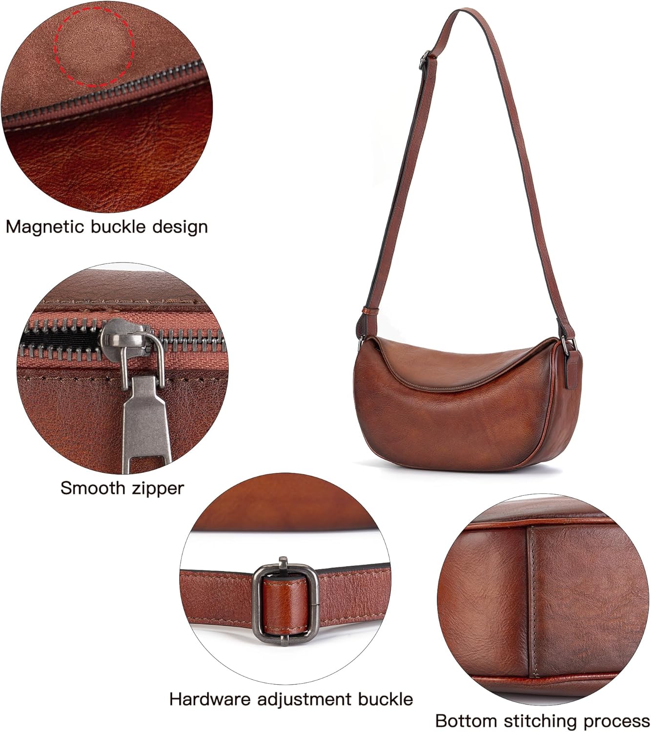 Leather Crossbody Bag Purse for Women Men Crescent Shoulder Bag Medium Cross Body Dumpling Bag Half Moon Adjustable - Image 5