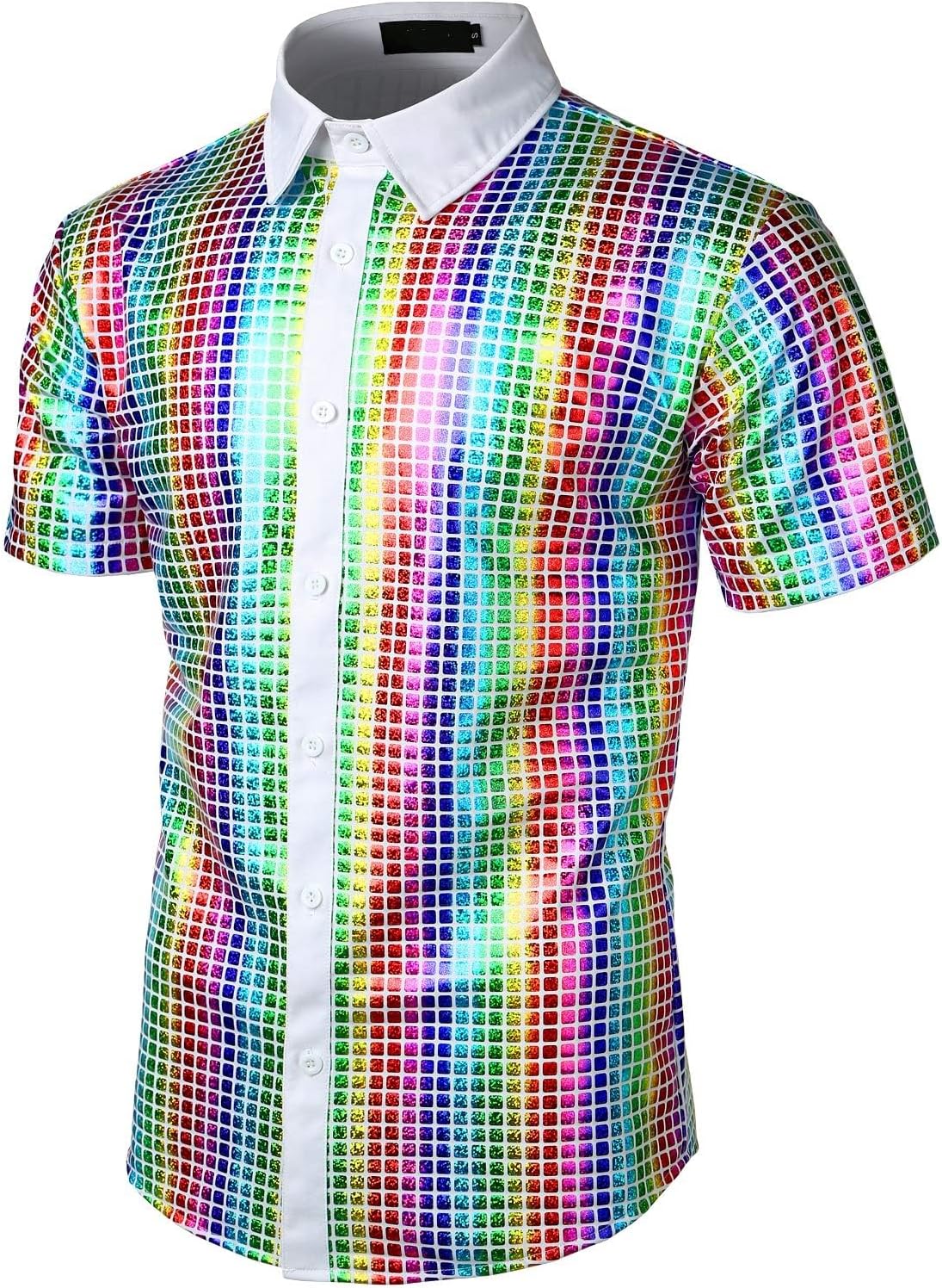BaronHong Mens 70s Disco Costume Silver Sequins Short Sleeve Button Down Shirts