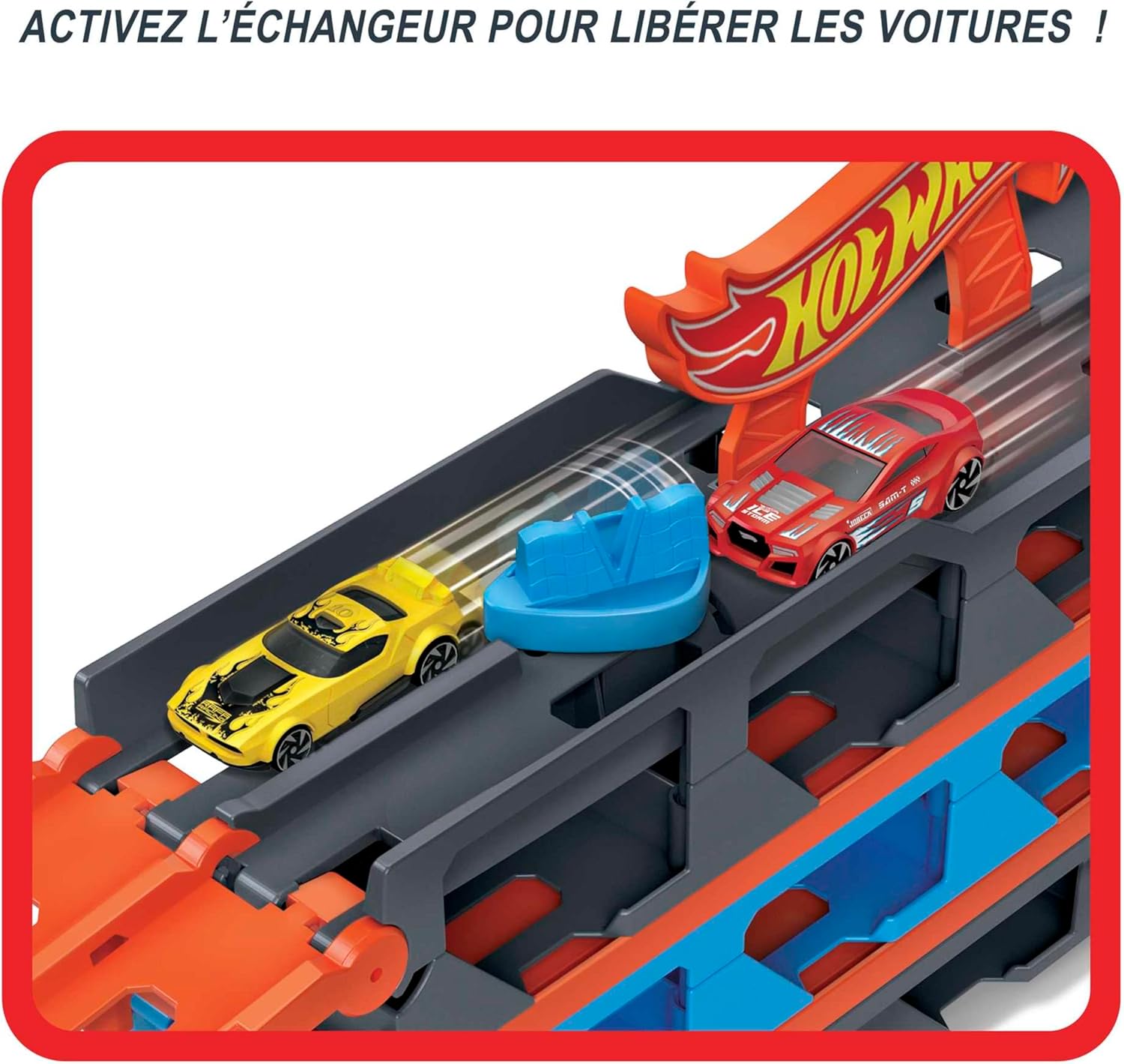 Two Hot Wheels cars racing side-by-side on the Super Hauler track, activated by the launcher
