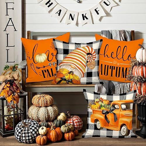 Miniatura 3 de Ywlake Juego de 4 fundas de almohada de otoño de 18 x 18 pulgadas, fundas decorativas de gnomo de calabaza, fundas decorativas para cojín de otoño