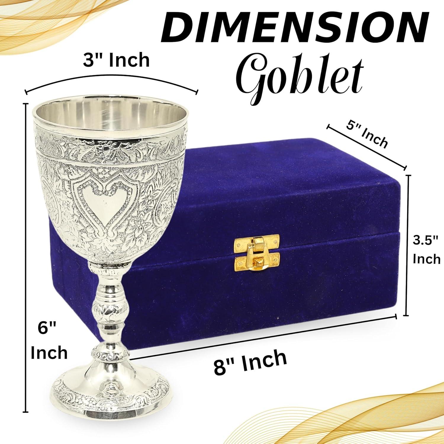 Premium Brass Wine Goblets Set with Velvet Gift Box - Engraved Medieval Chalice Cups Silver Plated - Vintage Royal Style Decorative Drinkware for Wedding Anniversary Toasting - Elegant Couple Gift