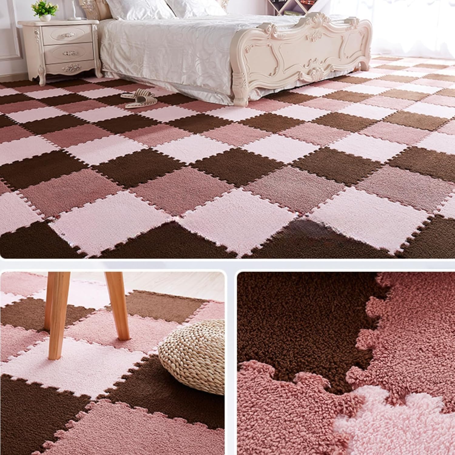 Generic Tapis patchwork en velours de lait, tapis de sol en mousse puzzle en peluche, 20 pièces (vert blanc, 30 x 30 cm)