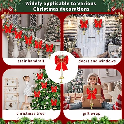 Miniatura 7 de 12 Pcs Christmas Bows with Pine Cones, Wreath Ornaments, Bell Tree Toppers for Xmas Party Decoration, Kitchen Cabinet (Red)