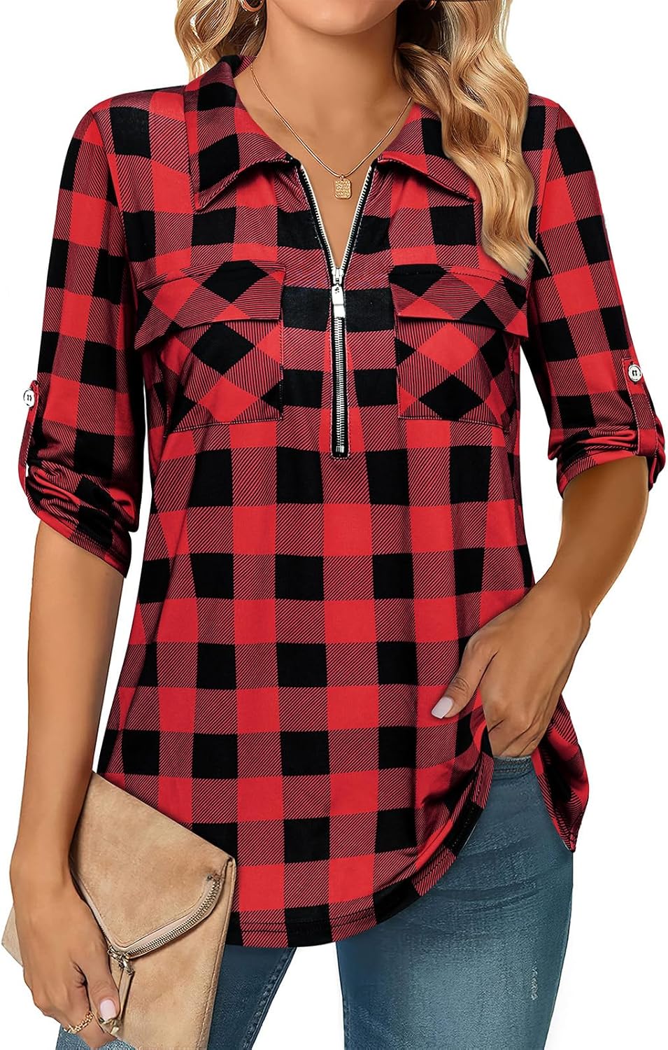 Bulotus Women's 3/4 Sleeve Collared Blouses Business Casual Tops Zip Front V Neck Work Shirts Loose Fit Tunic Tops