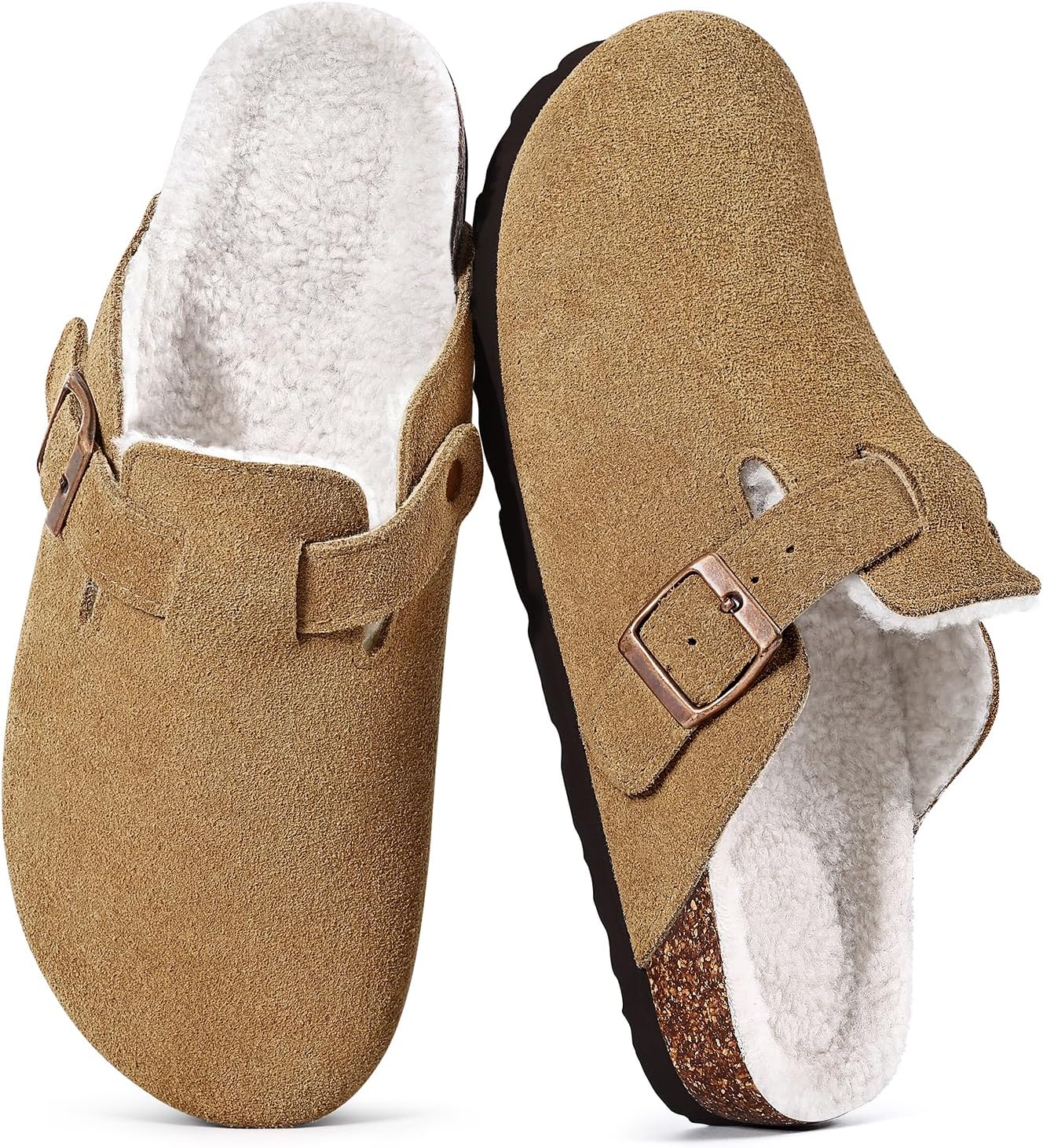 KIDMI Women's Fur Lined Suede Clogs Fuzzy Cork Footbed Mules Slip On Winter Potato Shoes