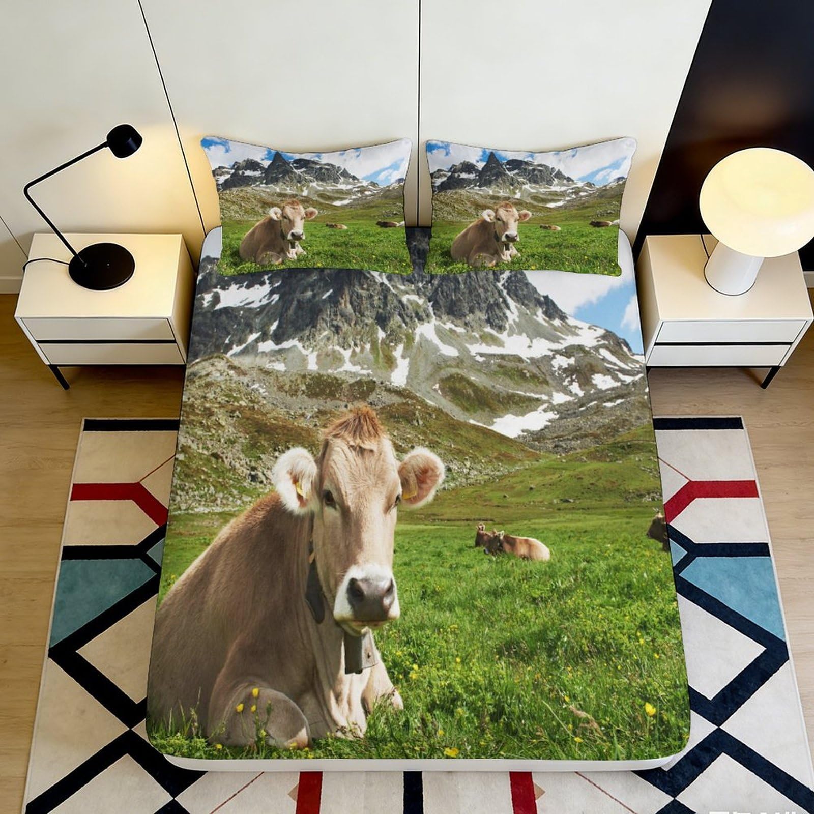 3D Printed Alpine Pasture Cow Fitted Sheet Microfiber Anti-Slip Mountain Meadow Mattress Cover for Bedroom Guest Room Decor 90x200x25cm
