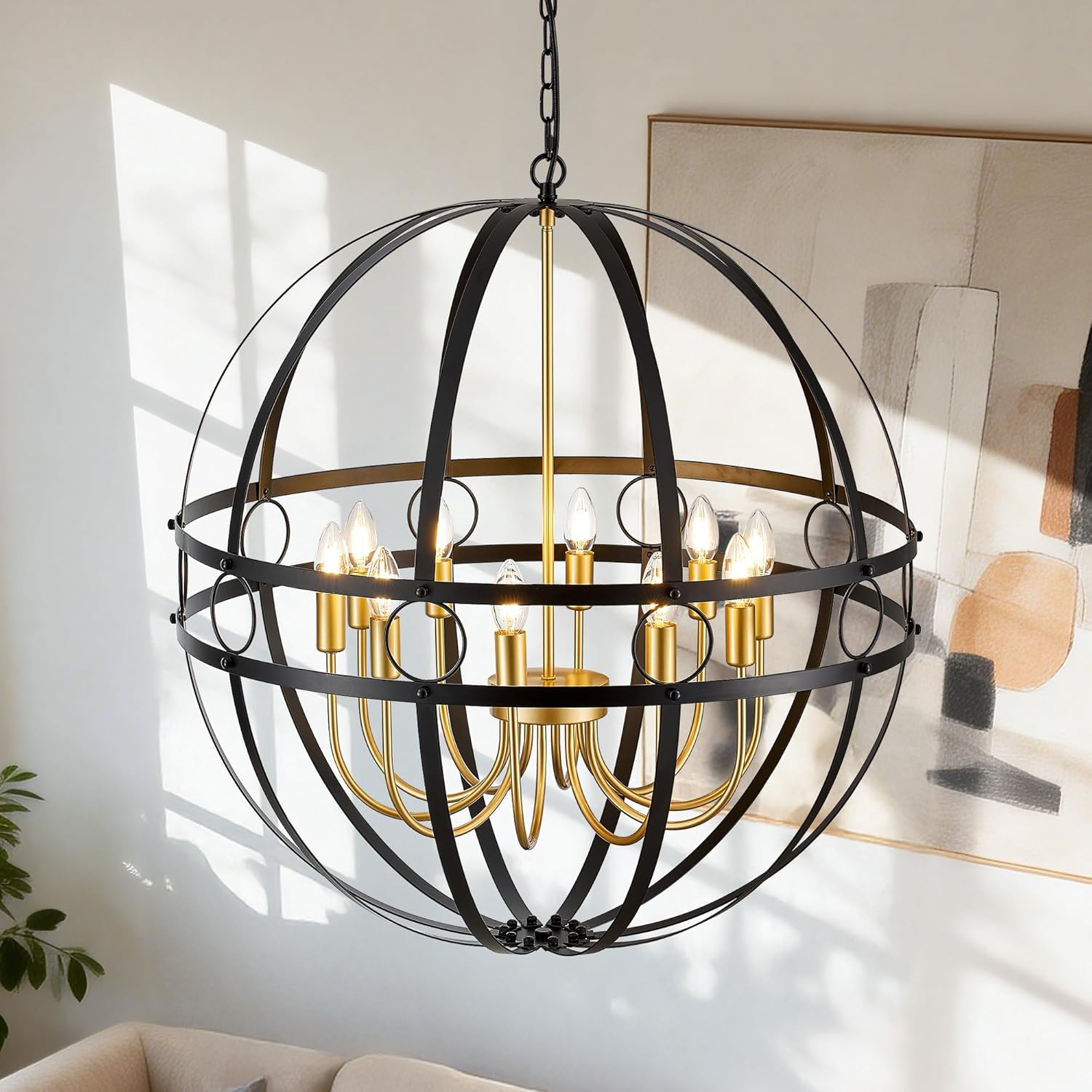 Modern Black and Gold Chandelier for Dining Room 29.7“ Industrial Vintage Globe Chandelier 10-Light for Foyer Farmhouse Rustic Pendant Ceiling Light Fixture for Living Room Entryway Stairway