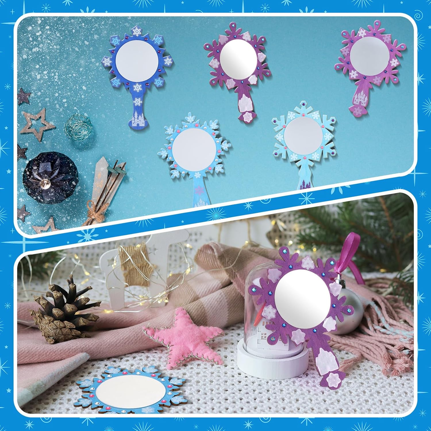 Thyle 16 Pack Princess Wonderland Mirrors Crafts Winter Snow Princess Snowflake Wooden Mirror Craft Kits Decorate Your Own Snowflake Kits for Winter Christmas Party Decorations Birthday Supplies Gift