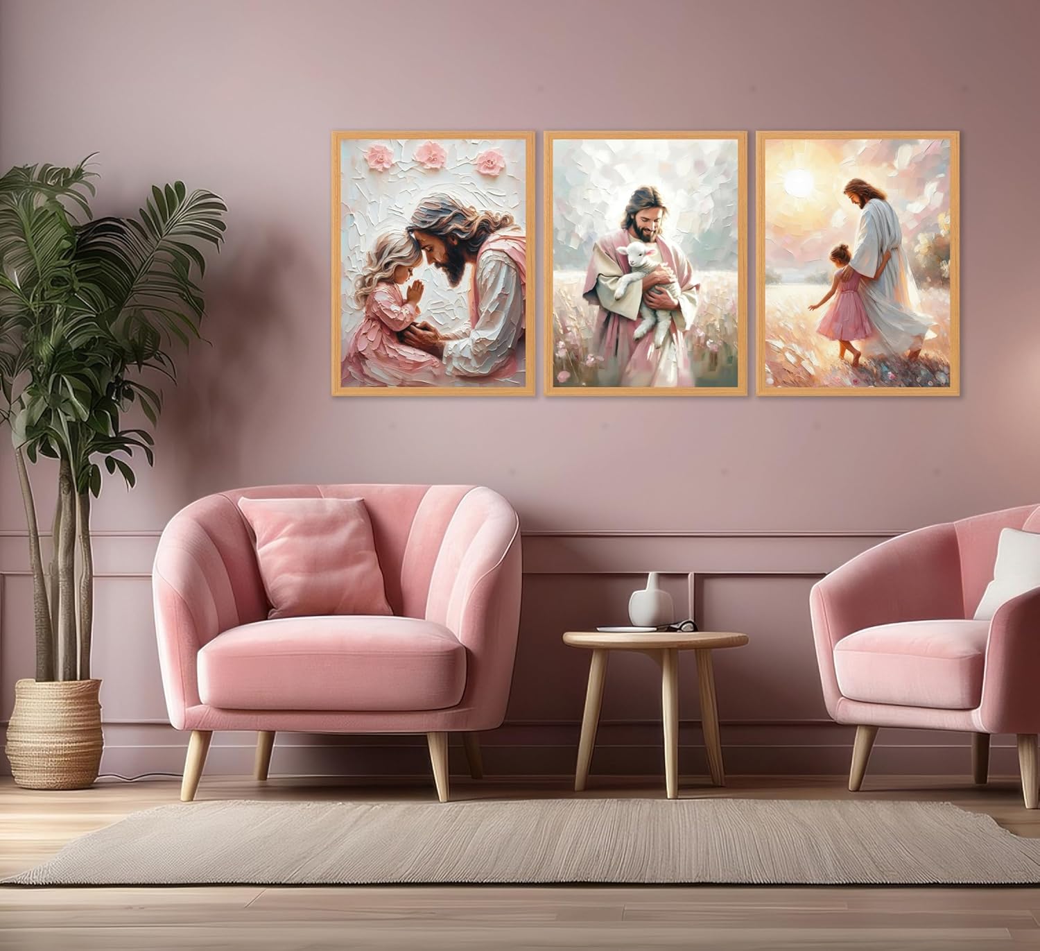 3Pcs Jesus little Girl Poster Wall Art Jesus Holding Lamb Painting Picture Wall Decor Christian Devout Prayer Canvas Print Artwork For Church Religious Children's room Home Decoration Unframed