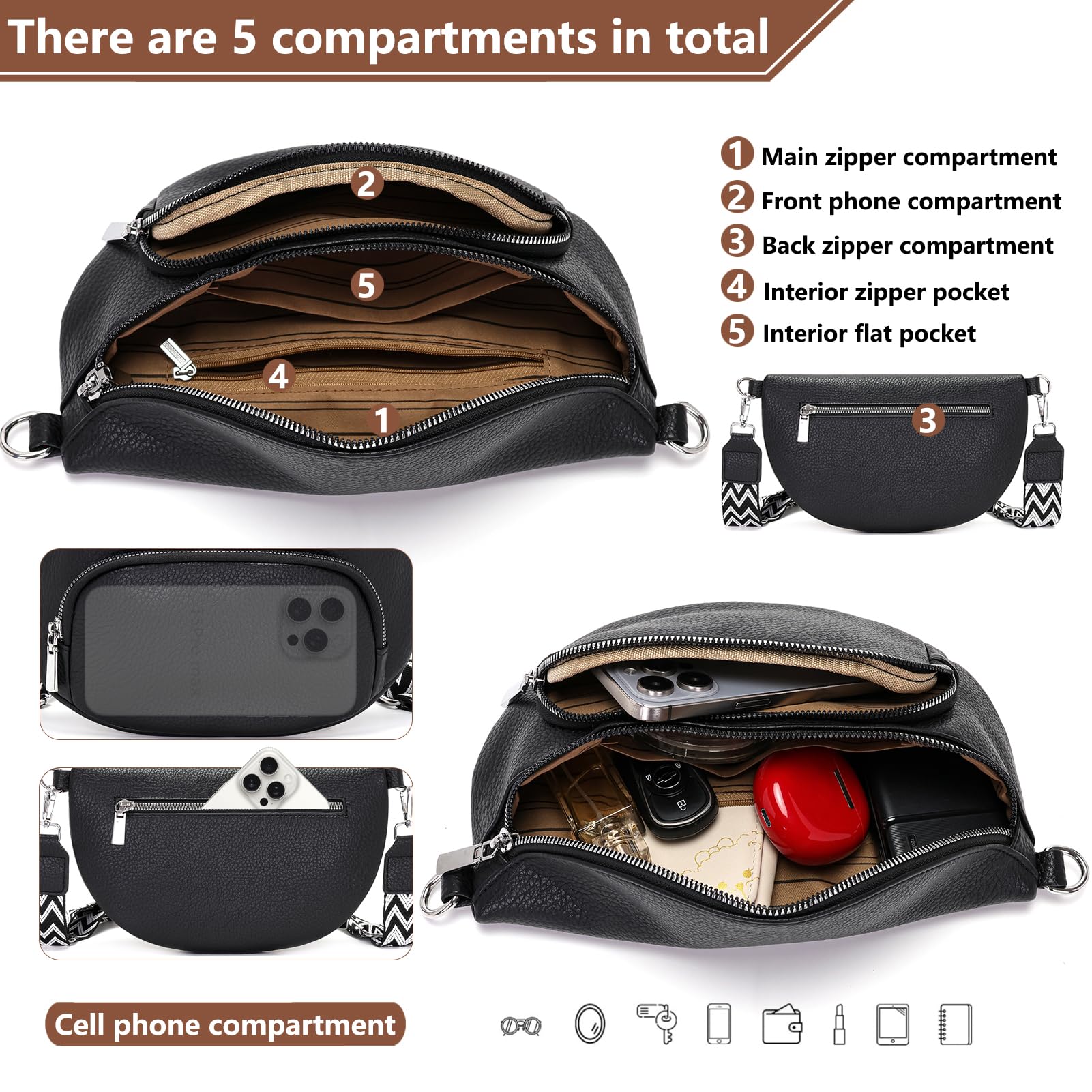 Rorimyth Riñonera Mujer Negro Bolso Cintura Mujer Bolso Bandolera