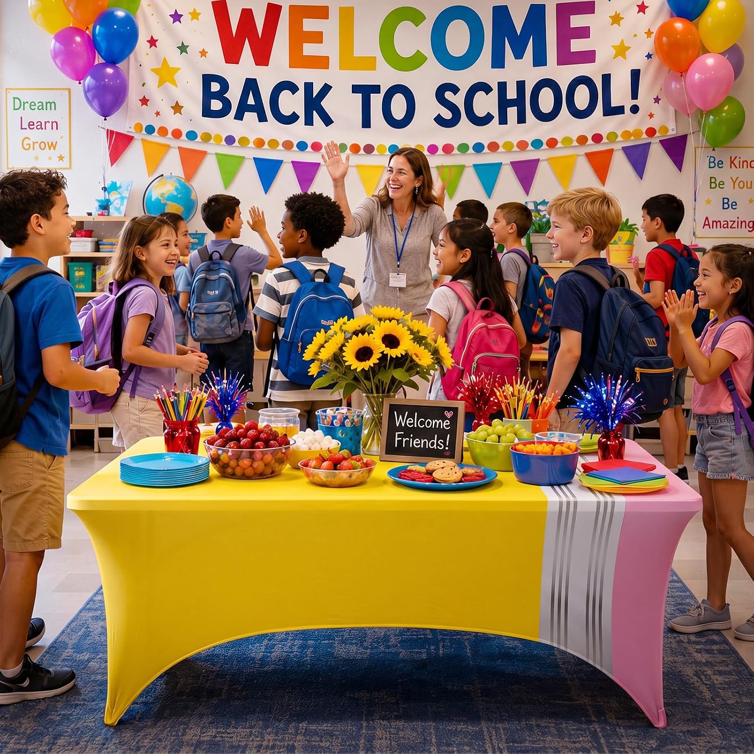 Moukeren Back to School Party Tablecloth 6 Feet Pencil Spandex Tablecloth | Pencils Stretch Table Cover First Day of School Elastic Fitted Table Cloth for Welcome Back Party Celebration Party Supplies