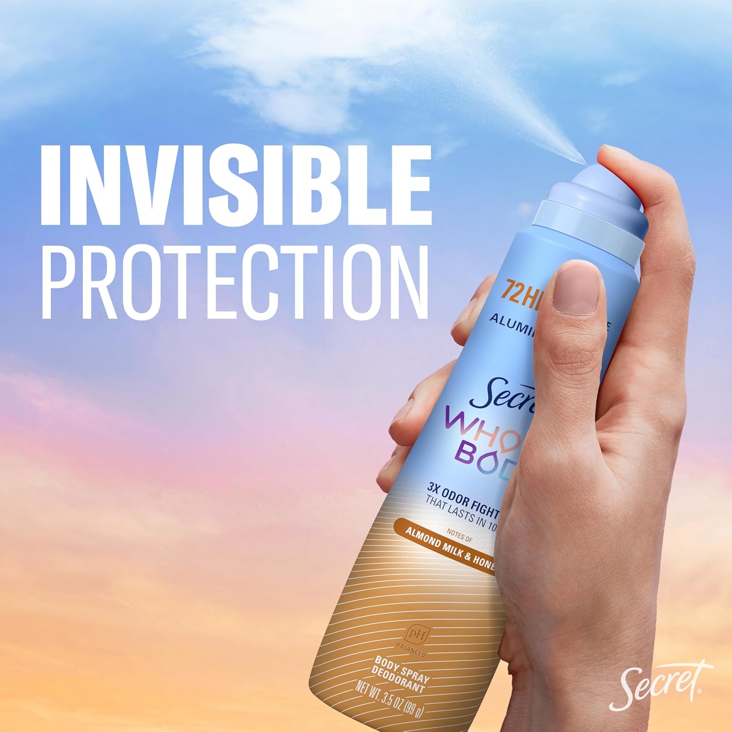 Secret Whole Body Deodorant Spray for Women, Almond Milk & Honey Scent, Aluminum Free Deodorant, 72 HR Odor Protection, 3.5oz - Image 7