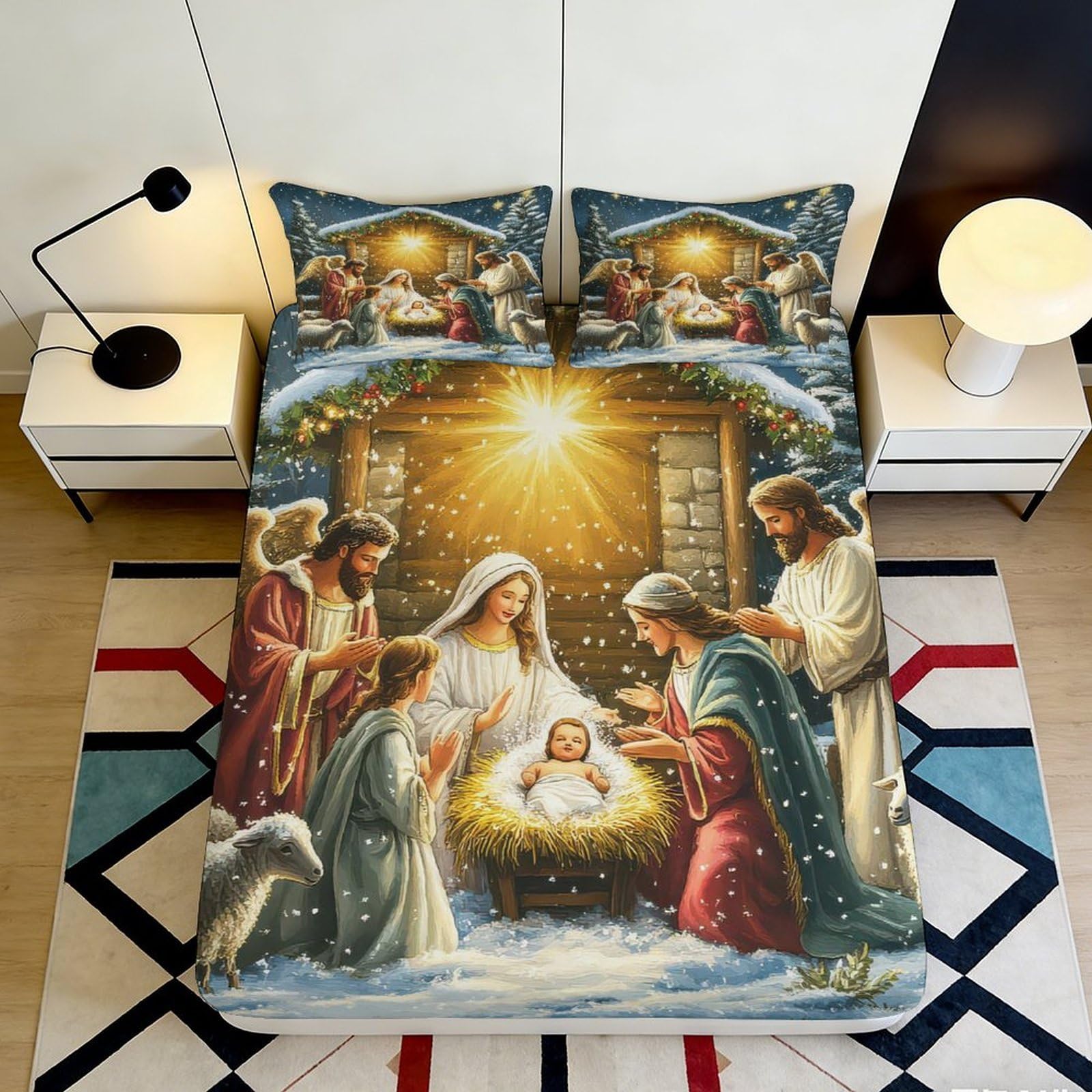 Pnayamiorkfel Style-10 3D Printed Nativity Scene Fitted Sheet Microfiber Soft Christmas Manger Bed Cover Non Slip For Bedroom Guest Room Easy Care 90X200x25cm