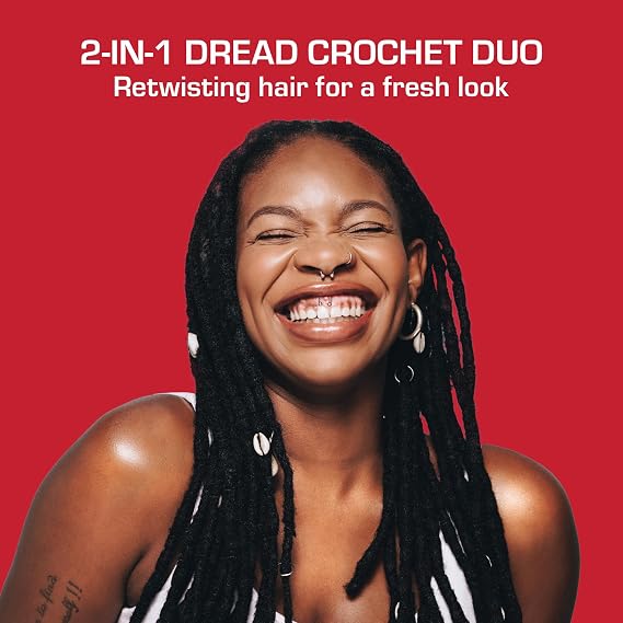 Red by Kiss 2-in-1 Dread Crochet Duo, Stainless Steel Loc Crochet Hook & Locking Needle Tool with Non-Slip Grip for Retwisting, Maintaining, Repairing Locs, Faux Locs, Braids & Dreadlocks (Dread)