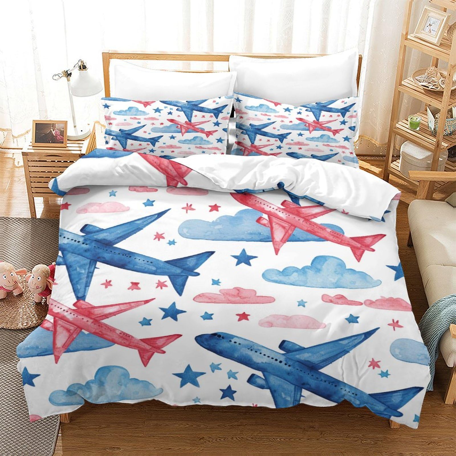P1S9U7W5Y 3D Printed airplane cloud Duvet Cover Set 3pcs microfiber aviation star Bedding Set King（220x240cm）