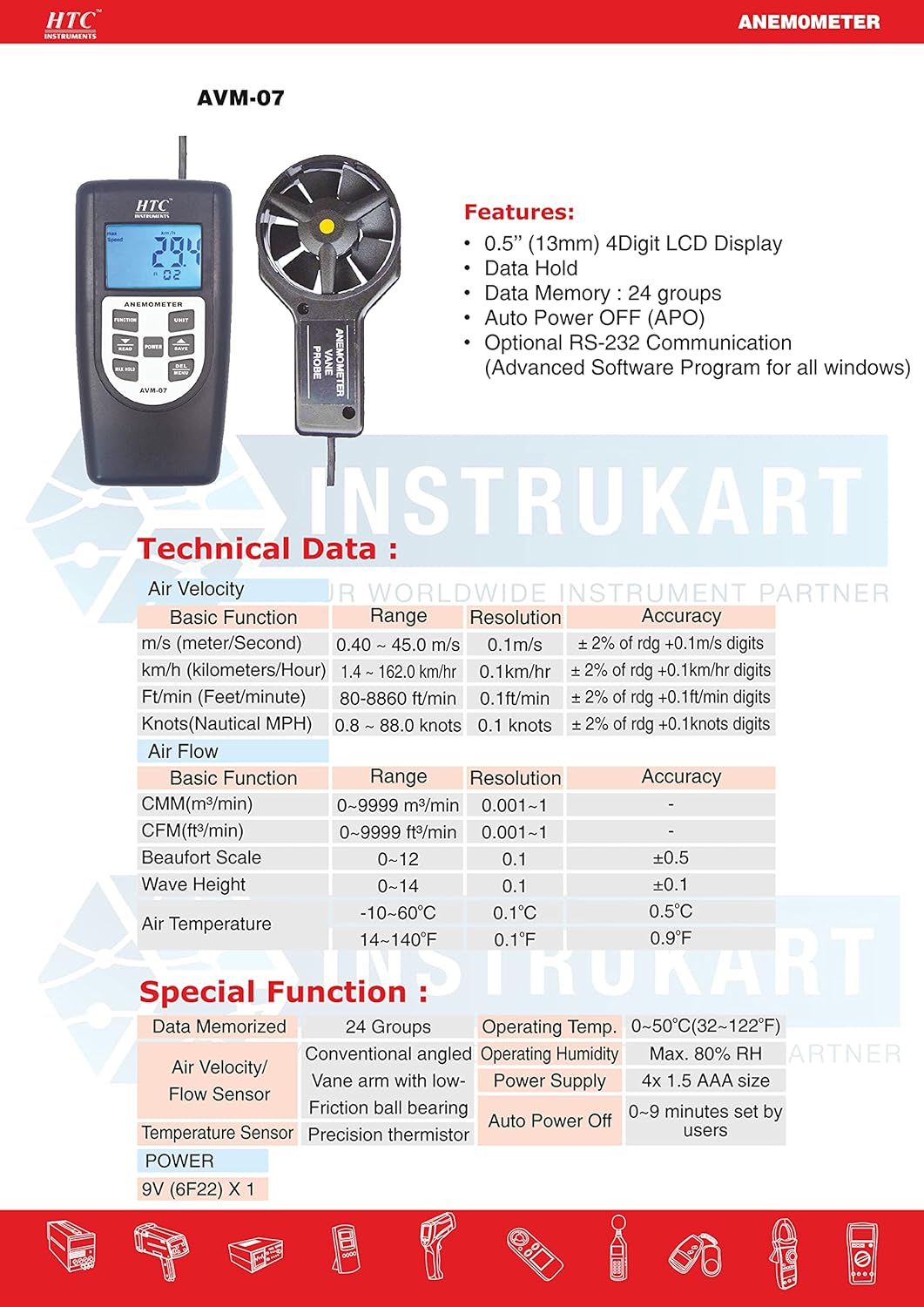 Digital Anemometer for Environmental Tests, Clean Rooms, air Velocity and Balance, Oven Speed, refrigerated Box Model: AVM-07