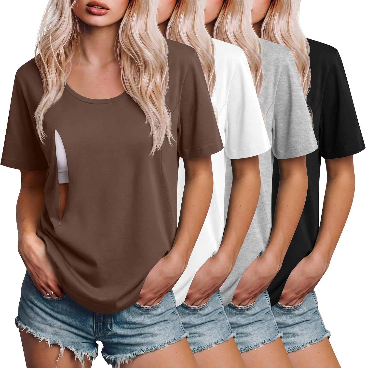 Ficerd 4 Pack Women's Nursing Shirts for Breastfeeding with Hidden Zipper Scoop Neck Loose Fit Short Sleeve Maternity Tops