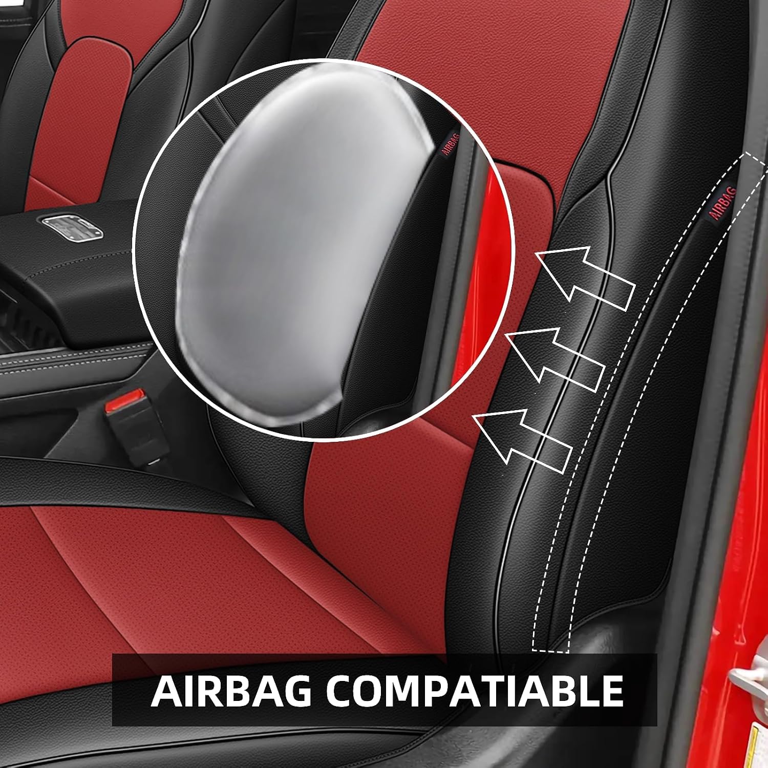 AOMSAZTO Custom Fit Seat Covers for Ram 1500: 2019 2020 2021 2022 2023 2024 2025 Faux Leather Car Seat Covers Full Set （New2 Black+Red）