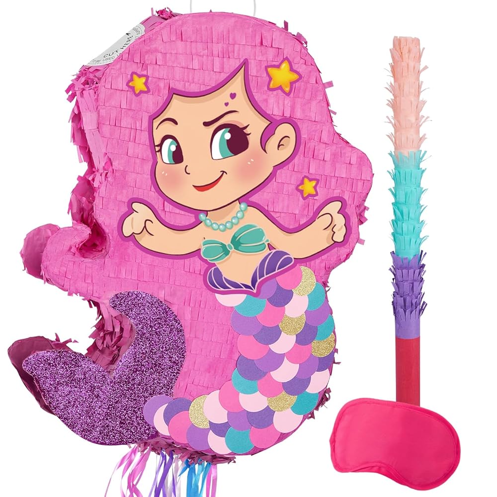 WERNNSAI Foldable Mermaid Pinata - Pull String Mermaid Birthday Party Supplies Extendable Mermaid with Blindfold Bat and Tassels Mermaid Party Decoration Folding Mermaid Girl Piatas for Game