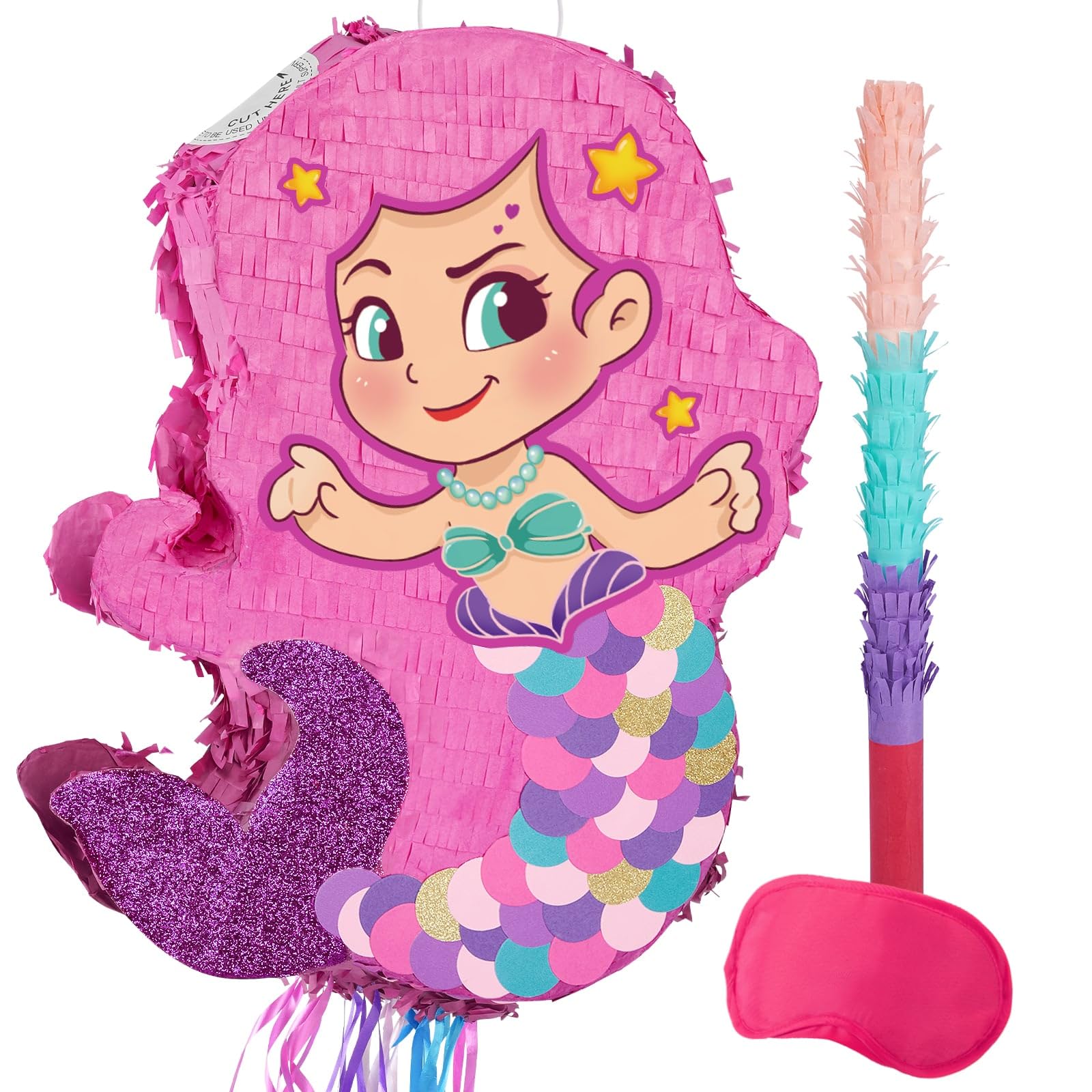 WERNNSAI Foldable Mermaid Pinata - Pull String Mermaid Birthday Party Supplies Extendable Mermaid with Blindfold Bat and Tassels Mermaid Party