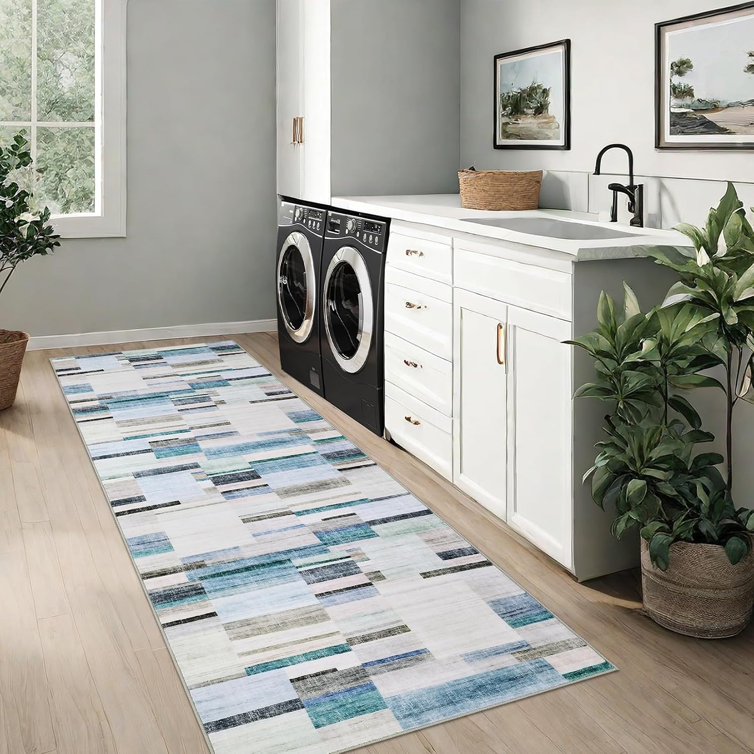 GarveeHome Washable Rug Runners for Hallways Non Slip 2x6 Modern Geometric Kitchen Rugs Farmhouse Entryway Rug Soft Bathroom Rugs Stain Resistant Carpet for Laundry Bedroom 2 ft x6 ft Blue