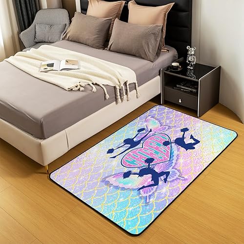 Miniatura 4 de Alfombra decorativa de gimnasia con purpurina de 5 x 7 pies, diseño de escamas de sirena para niños y niñas, alfombra de mariposa para sala de