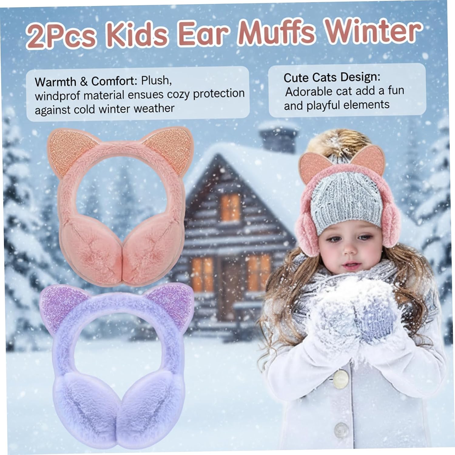2Pcs Kids Ear Muffs Winter, Cute Cat Ears Ear Muffs for Kids, Warm Windproof Plush Girls Earmuffs for Winter Cold Weather