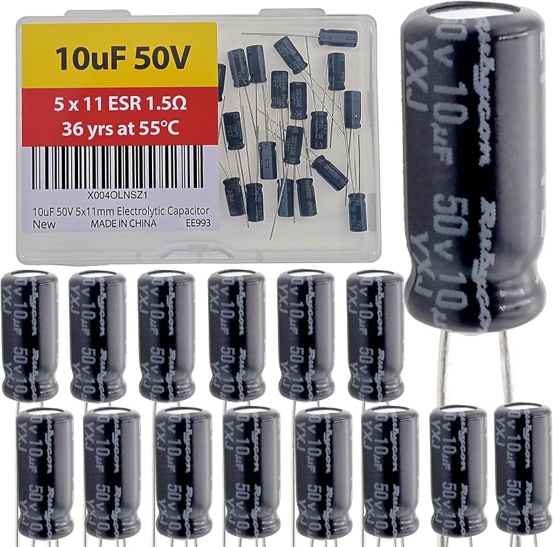 Condensador electrolítico Rubycon de 10 uF, 50 V, 0.197 x 0.433 in, baja ESR, 1,5 Ω, larga vida útil, 36 años a 55 grados C, mfd mircofarad Micro Farad adial Lead Condensadores de aluminio (paquete de 15)